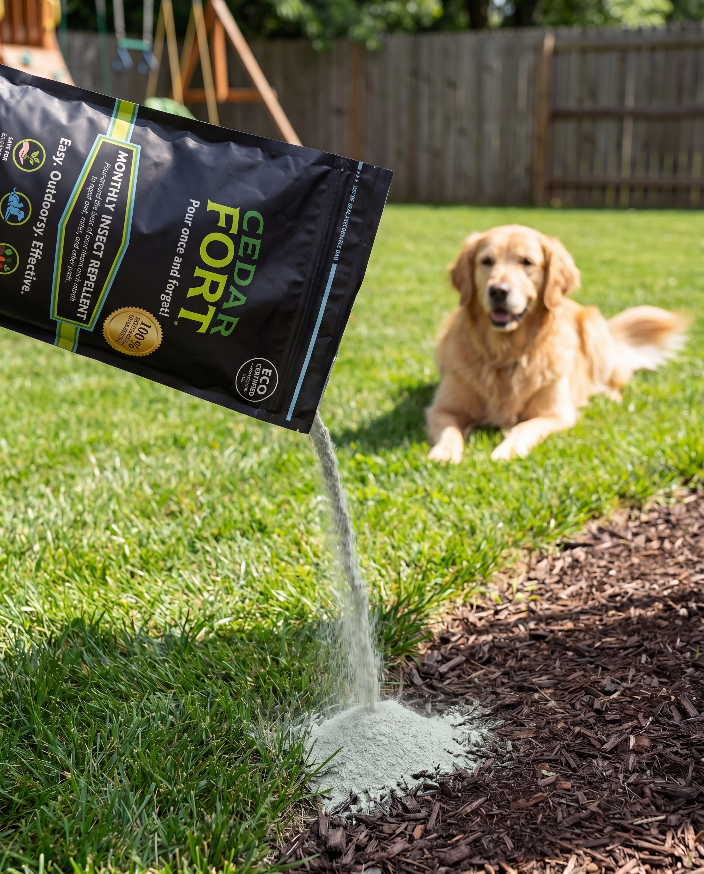 Pouring Cedar Fort powder along a garden bed edge while a golden retriever relaxes on the lawn