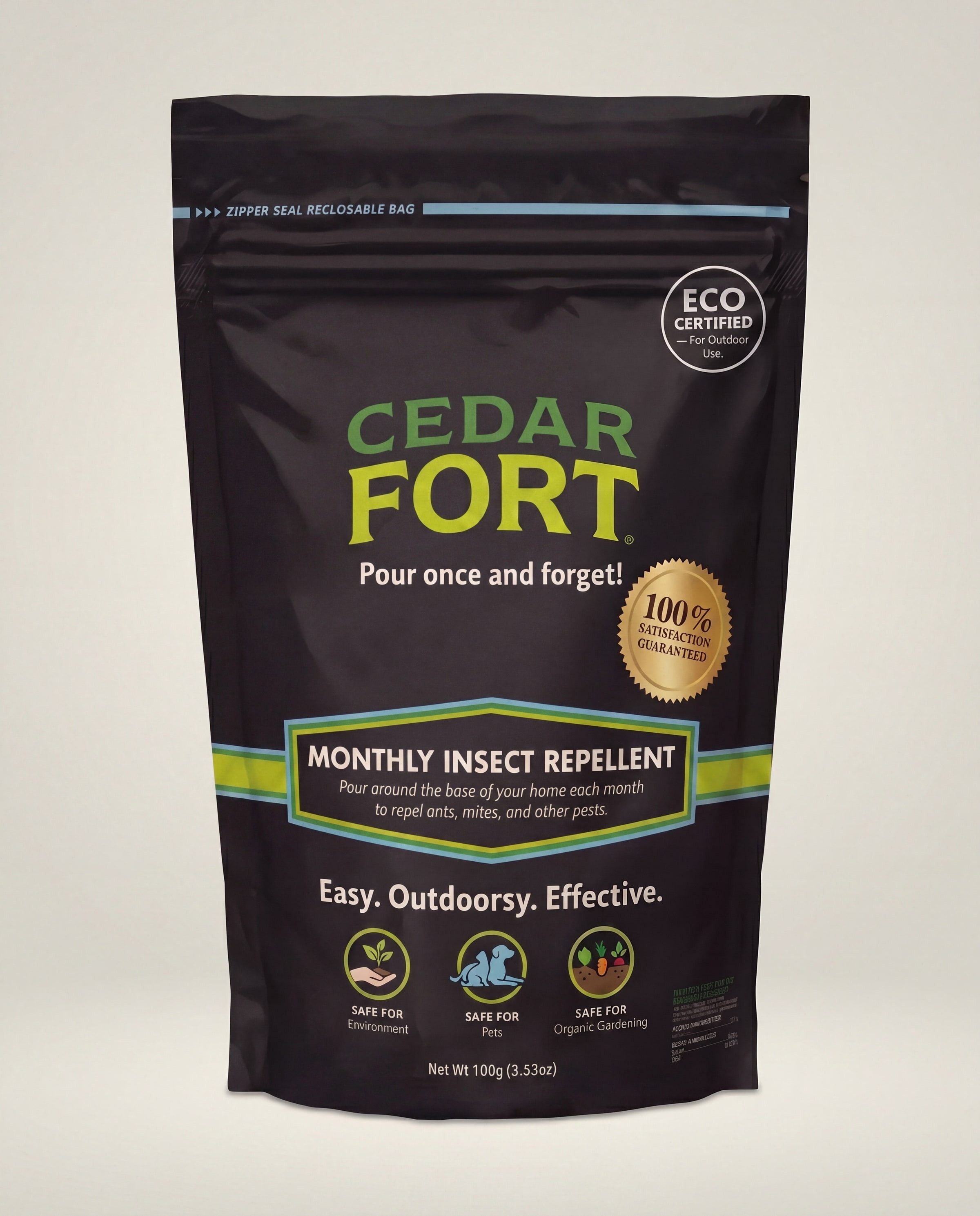 Cedar Fort monthly insect repellent — 100g matte-black pouch, pour once and forget